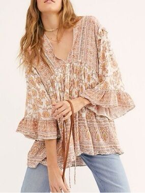 FREE PEOPLE Moonlight Dance Printed Tunic Boho Floral Peasant Blouse - Size S